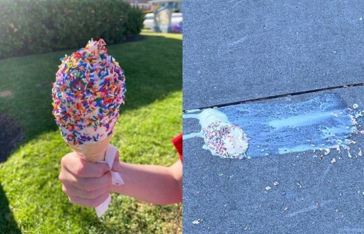 kid holding soft serve ice cream cone - ice cream cone spilled on the ground