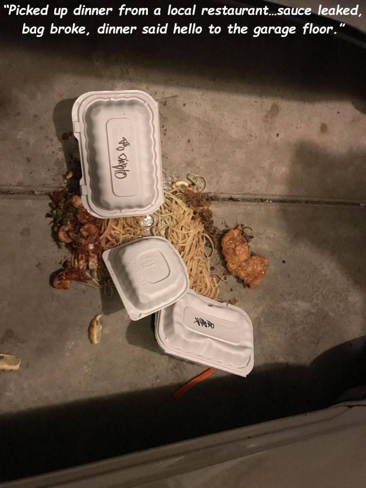 takeout food spilled on the ground - "Picked up dinner from a local restaurant...sauce leaked, bag broke, dinner said hello to the garage floor."