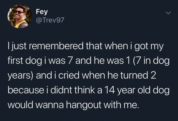 photo caption - Fey Tjust remembered that when i got my first dog i was 7 and he was 1 7 in dog years and i cried when he turned 2 because i didnt think a 14 year old dog would wanna hangout with me.