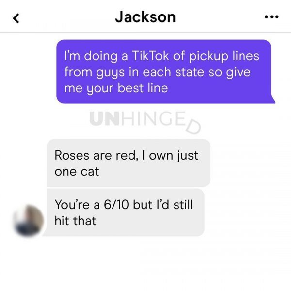number - Jackson I'm doing a Tik Tok of pickup lines from guys in each state so give me your best line Unhinged Roses are red, I own just one cat You're a 610 but I'd still hit that