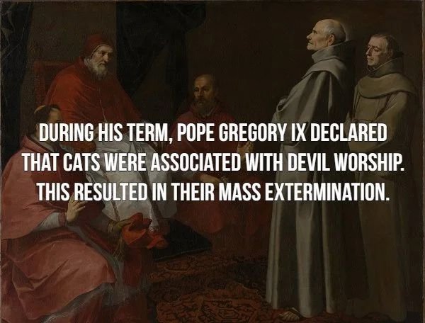 During His Term, Pope Gregory Ix Declared That Cats Were Associated With Devil Worship. This Resulted In Their Mass Extermination.