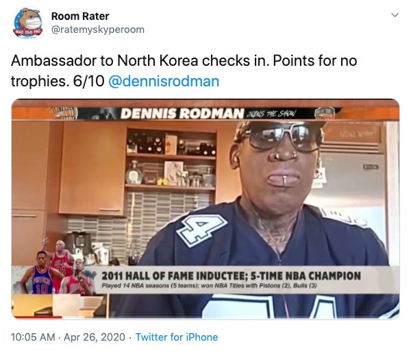 news - Room Rater Sa Dug Pie Ambassador to North Korea checks in. Points for no trophies. 610 Dennis Rodman Zes The Show 2011 Hall Of Fame Inductee; 5Time Nba Champion Played 14 Nba seasons 5 teams; won Nba Tities with Pistons 2, Bulls 3 Twitter for iPhon