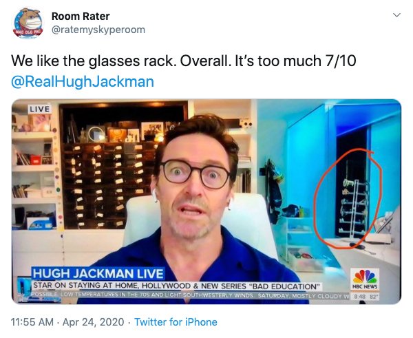 glasses - Room Rater Blow We the glasses rack. Overall. It's too much 710 Jackman Live Hugh Jackman Live Star On Staying At Home, Hollywood & New Series "Bad Education" Fossiele Low Temperatures In The 705 And Light Southwesterly Winds Saturday, Mostly Cl