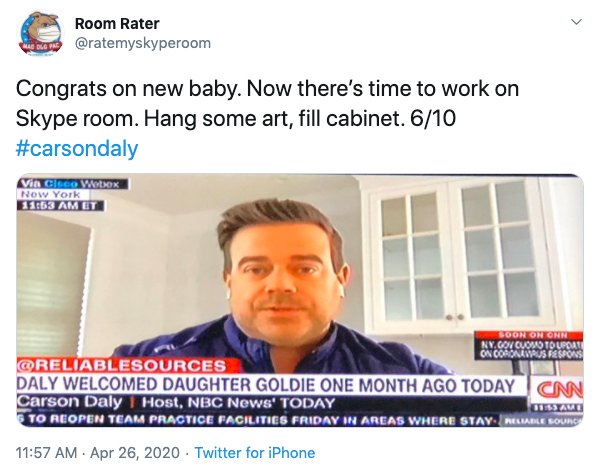 news - Room Rater Hdlo Congrats on new baby. Now there's time to work on Skype room. Hang some art, fill cabinet. 610 Vin Cisco Wook Now York Et Soon On Onn Sav Ny.Com Quomoto Update Us Respons Daly Welcomed Daughter Goldie One Month Ago Today Cnn Carson 