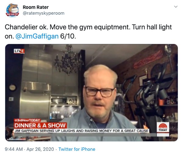 photo caption - Room Rater e Chandelier ok. Move the gym equiptment. Turn hall light on. Gaffigan 610. Live 3rd Hour Today Dinner & A Show Jim Gaffigan Serving Up Laughs And Raising Money For A Great Cause A Today Twitter for iPhone