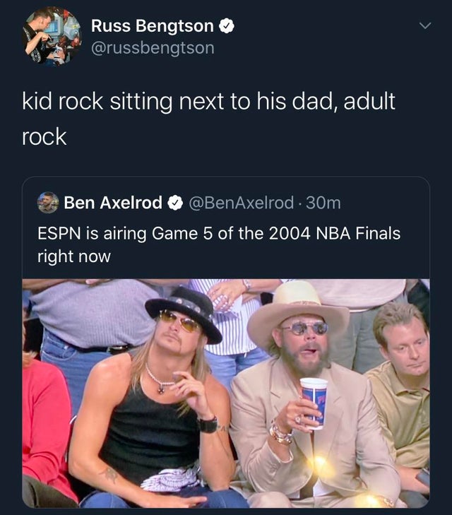 photo caption - Russ Bengtson 'kid rock sitting next to his dad, adult rock Ben Axelrod . 30m Espn is airing Game 5 of the 2004 Nba Finals right now