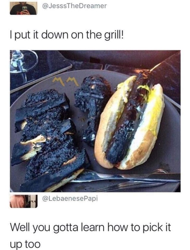 throw down on the grill meme - I put it down on the grill! Well you gotta learn how to pick it up too