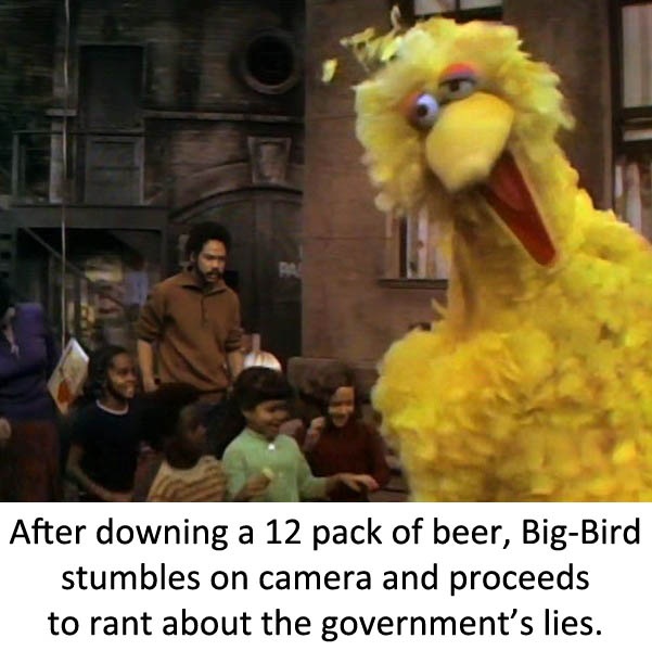big bird meme - After downing a 12 pack of beer, BigBird stumbles on camera and proceeds to rant about the government's lies.