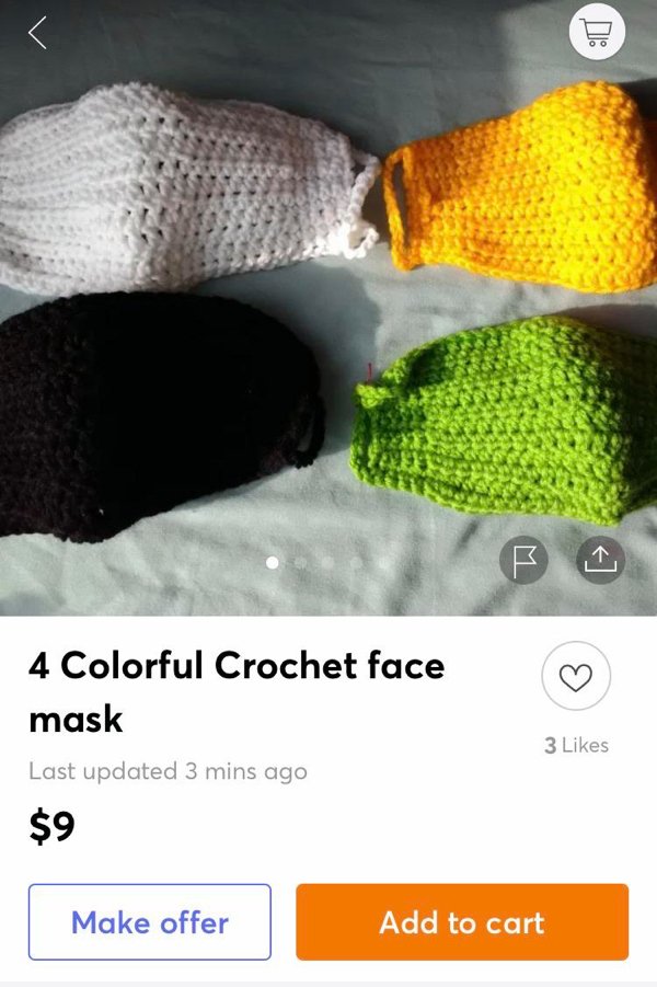 crochet - B 4 Colorful Crochet face mask Last updated 3 mins ago 3 $9 Make offer Add to cart