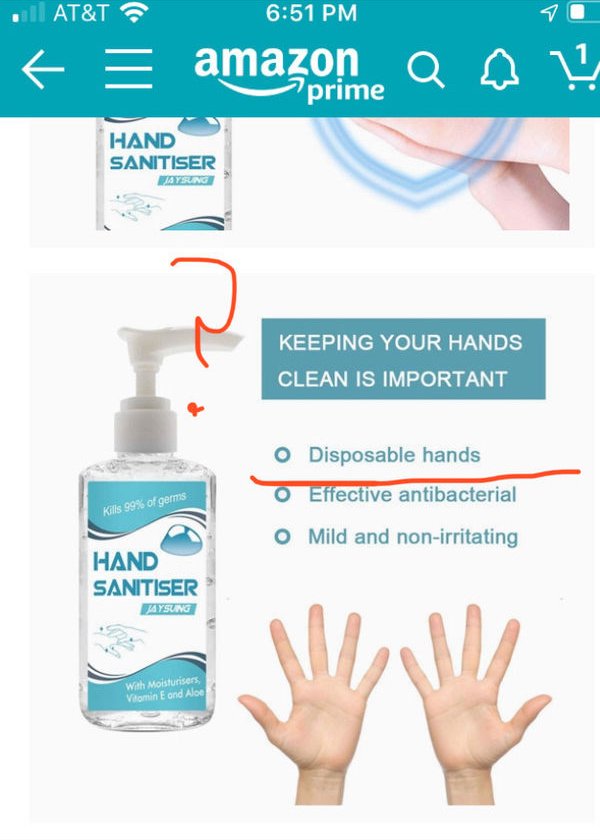 amazon.com, inc. - . At&T f amazome Q Qu Hand Sanitiser Wyking Keeping Your Hands Clean Is Important O Disposable hands O Effective antibacterial O Mild and nonirritating Kills 99% of germs Hand Sanitiser Jaysung With Moisturisers Veomin E ond Aloe