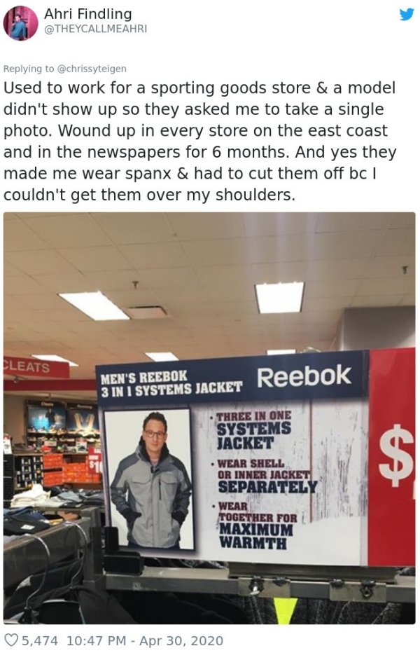 display advertising - Ahri Findling Used to work for a sporting goods store & a model didn't show up so they asked me to take a single photo. Wound up in every store on the east coast and in the newspapers for 6 months. And yes they made me wear spanx & h