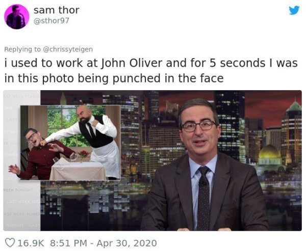 presentation - sam thor i used to work at John Oliver and for 5 seconds I was in this photo being punched in the face