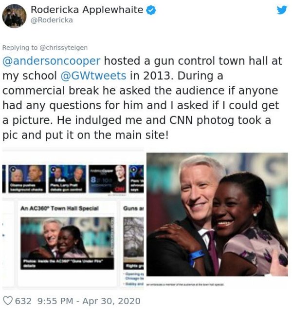 media - Rodericka Applewhaite hosted a gun control town hall at my school in 2013. During a commercial break he asked the audience if anyone had any questions for him and I asked if I could get a picture. He indulged me and Cnn photog took a pic and put i