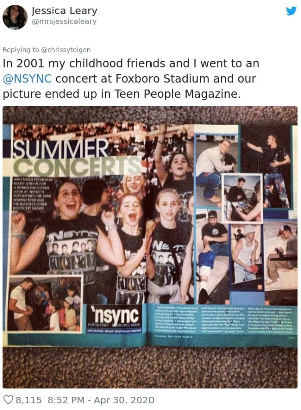 poster - Jessica Leary In 2001 my childhood friends and I went to an concert at Foxboro Stadium and our picture ended up in Teen People Magazine. Sumimer Woneca R Ow Marraro A Neces L Ai Renes Porose Var Hardt Ame Hasresor Hacer Ngen 'nsync Oooney Ovo Mas