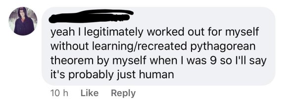 funny - yeah I legitimately worked out for myself without learningrecreated pythagorean theorem by myself when I was 9 so I'll say it's probably just human 10 h
