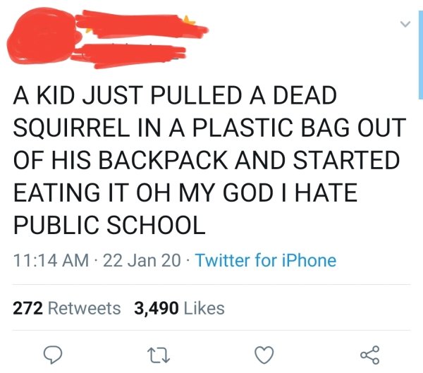 A Kid Just Pulled A Dead Squirrel In A Plastic Bag Out Of His Backpack And Started Eating It Oh My God I Hate Public School 22 Jan 20 Twitter for iPhone 272 3,490
