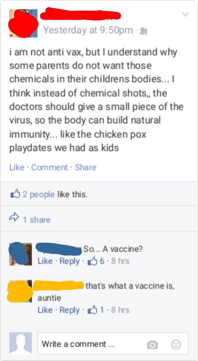 anti vaxxer accidentally invents vaccines - Yesterday at pm i am not anti vax, but I understand why some parents do not want those chemicals in their childrens bodies... I think instead of chemical shots, the doctors should give a small piece of the virus