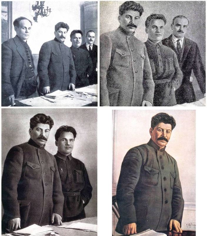 The original photo (top left) was taken at the Fifteenth Leningrad Regional Party Conference in 1924 or 1925. It shows Nikolai Antipov (left), Joseph Stalin, Sergei Kirov (right), and Nikolai Shvernik (far right).
Antiopov, who rose to become Deputy Chairman of the Council of People’s Commissars, was the first to fall out of Stalin’s favor. Shvernik vanished next. Readers can see he was airbrushed out of the photo, but Shvernik was lucky. He is the only person in the original photo to survive Stalin, whose enemies often had a penchant for dying unexpectedly.