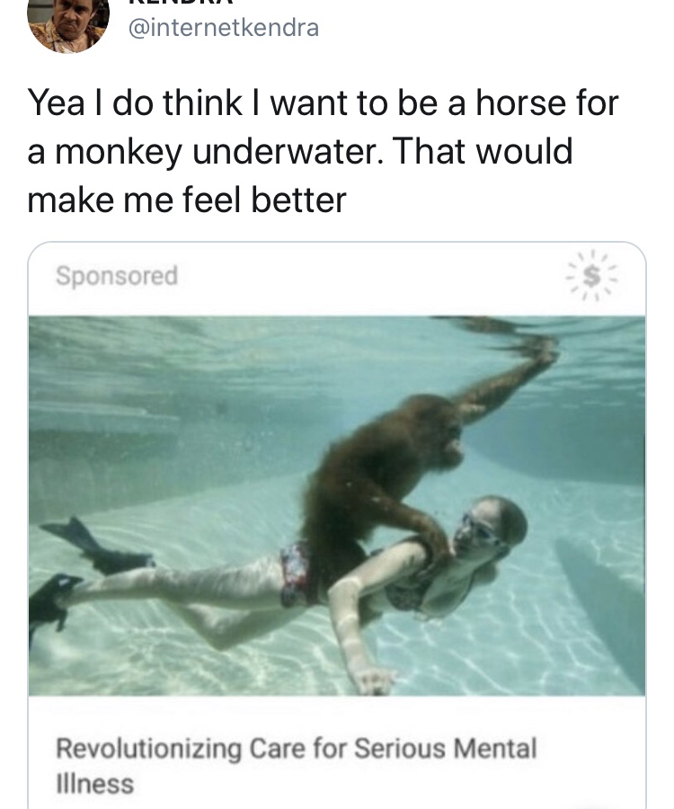funny memes and pics - demotivational swimming - Yea I do think I want to be a horse for a monkey underwater. That would make me feel better Sponsored Revolutionizing Care for Serious Mental illness