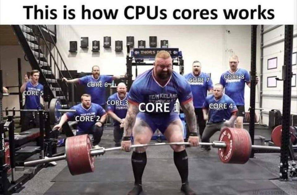 funny memes and pics - This is how CPUs cores works Thors Core 7 Core 8 Core 61 Core S Core 3 Core 1 Core 4 Well Core 2
