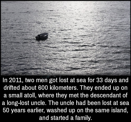 water resources - In 2011, two men got lost at sea for 33 days and drifted about 600 kilometers. They ended up on a small atoll, where they met the descendant of a longlost uncle. The uncle had been lost at sea 50 years earlier, washed up on the same isla