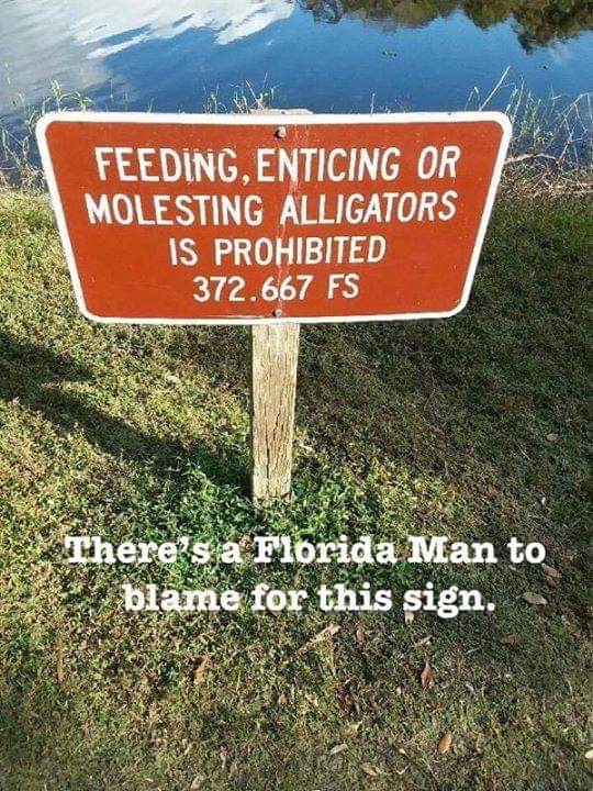 nature reserve - Feeding, Enticing Or Molesting Alligators Is Prohibited 372.667 Fs ere's a Florida Man to blame for this sign.