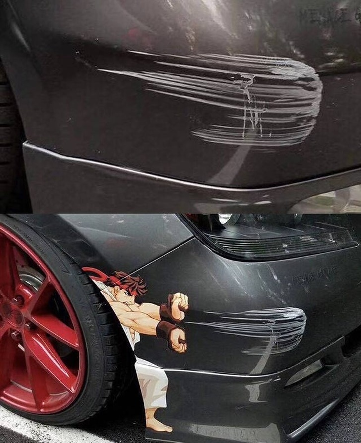 genius problem solvers - street fighter artwork on car to conceal scratch