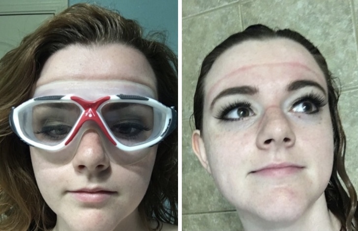 genius problem solvers - girl saving her eye make up by wearing swim goggles in the shower