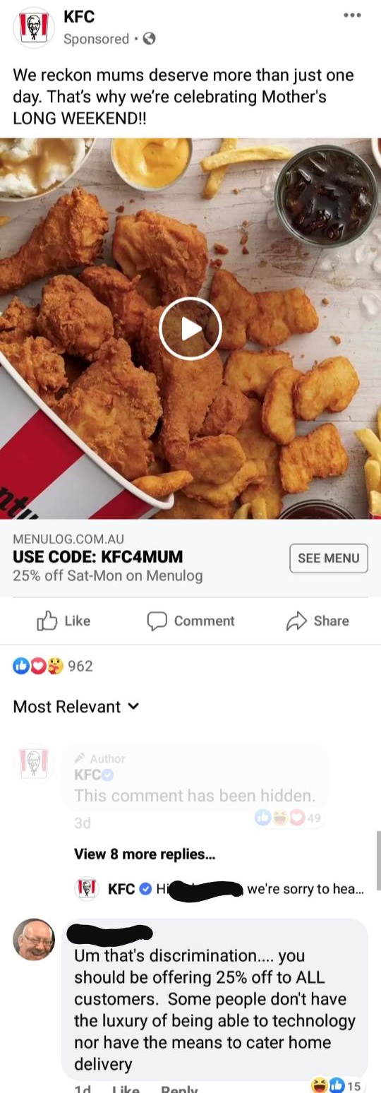fried food - Kfc Sponsored We reckon mums deserve more than just one day. That's why we're celebrating Mother's Long Weekend!! Menulog.Com.Au Use Code KFC4MUM 25% off SatMon on Menulog See Menu 0 Comment Dos 962 Most Relevant Author Kfc This comment has b