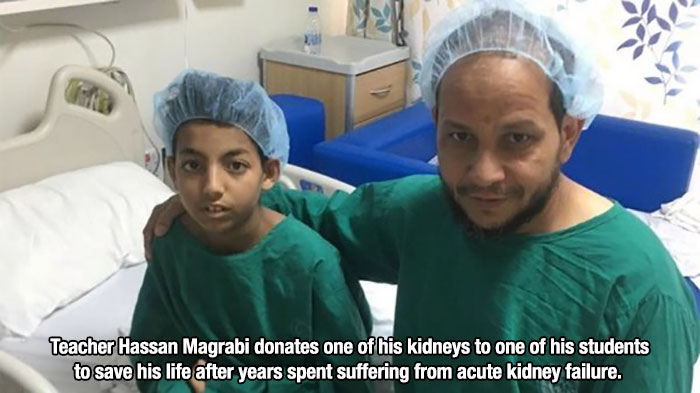 Teacher Hassan Magrabi donates one of his kidneys to one of his students to save his life after years spent suffering from acute kidney failure.