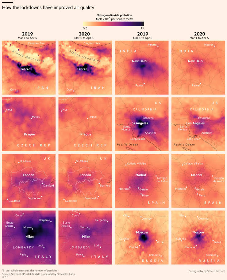 lockdowns improve air quality - How the lockdowns have improved air quality Nitrogen dioxide pollution Mols x105 per square metre 2019 Mar 1 to Apr 5 Caspian Sea 0.3 2020 Mar 1 to Apr 5 Caspian Sea 15 2019 Mar 1 Mar 1 to Apr 5 Meerut Meerut Alborz Mounta 
