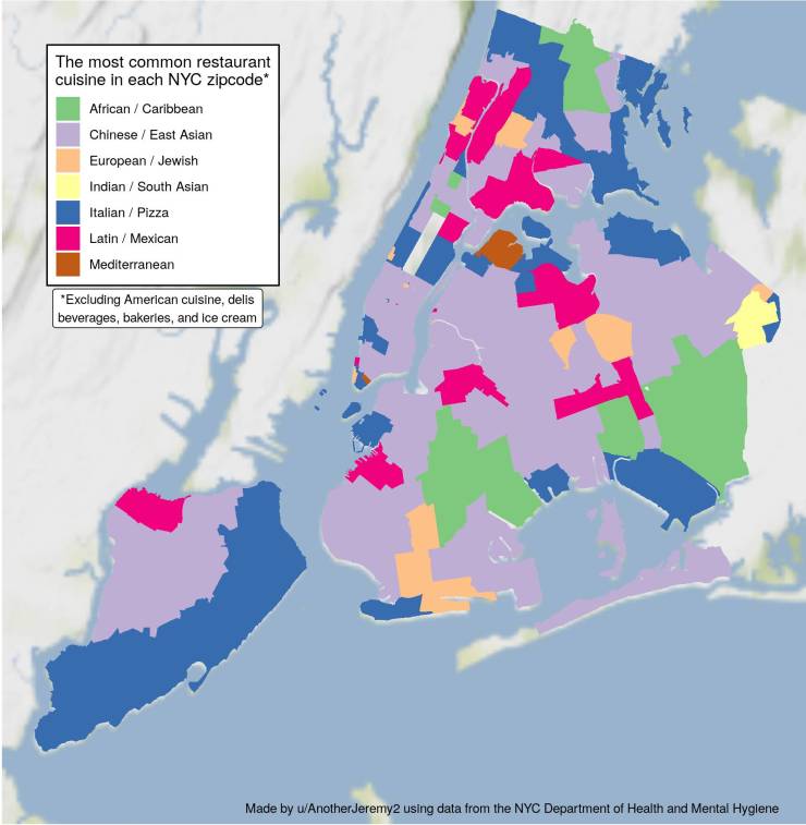 New York - The most common restaurant cuisine in each Nyc zipcode African Caribbean Chinese East Asian European Jewish Indian South Asian Italian Pizza Latin Mexican Mediterranean Excluding American cuisine, delis beverages, bakeries, and ice cream Made b