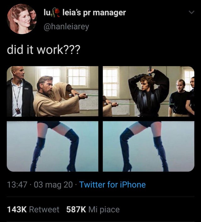 leg - lu, leia's pr manager did it work??? 03 mag 20 Twitter for iPhone Retweet Mi piace