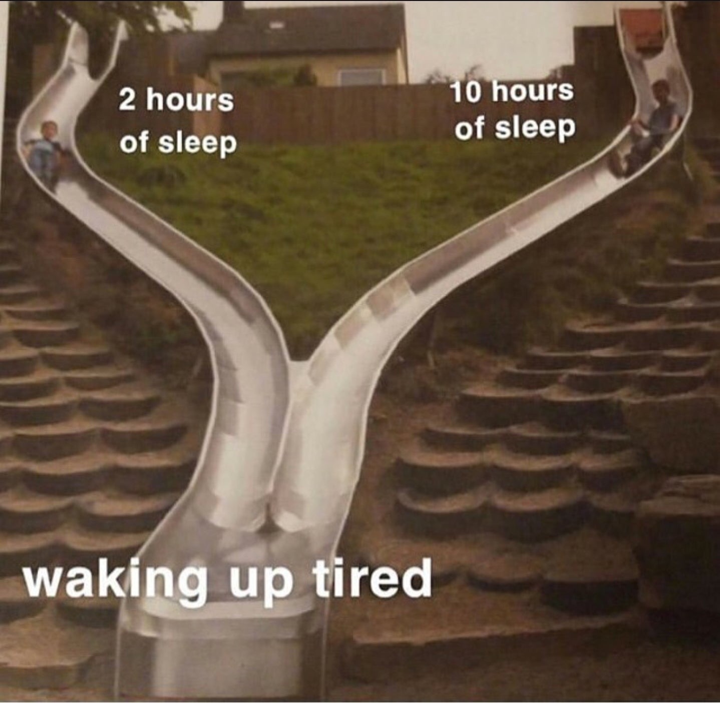 two slides meme template - 2 hours of sleep 10 hours of sleep waking up tired