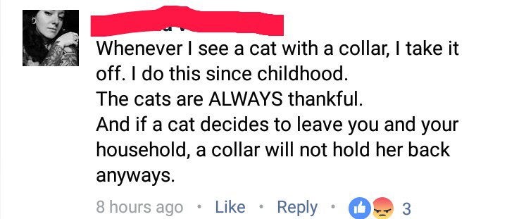 r insanepeoplefacebook collars - Whenever I see a cat with a collar, I take it off. I do this since childhood. The cats are Always thankful. And if a cat decides to leave you and your household, a collar will not hold her back anyways. 8 hours ago 3