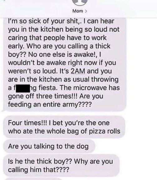 funny texts - I'm so sick of your shit I can hear you in the kitchen being so loud not caring that people have to work early. Who are you calling a thick boy?