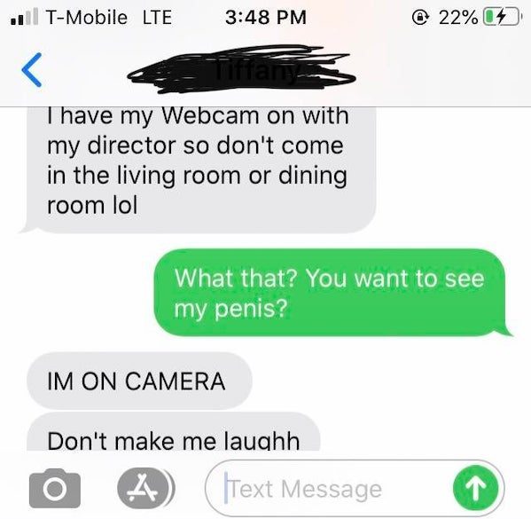 funny texts - I have my webcam on with my director so don't come in the living room or dining room lol. What that? You want to see my penis? I'm on camera don't make me laugh.