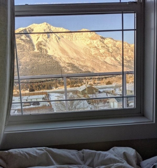 I stayed at my sister’s place and slept in my nephew’s bed. This is the view from that bed this morning. What a lucky kid!