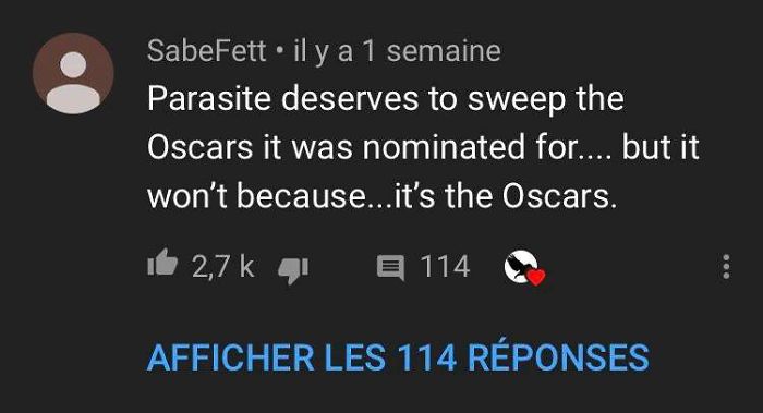 Parasite deserves to sweep the Oscars it was nominated for.... but it won't because... it's the Oscars.