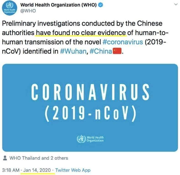 World Health Organization Preliminary investigations conducted by the Chinese authorities have found no clear evidence of human to human transmission of the novel 2019 nCoV