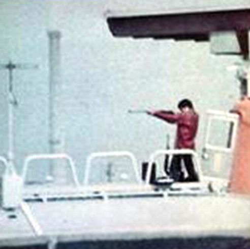 Nobuhisa Kawafuji aiming his rifle at someone off screen after having hijacked a ferry in 1970. When he was shot in 1970 it was one of the first cases of Japanese Police ended a hostage situation by shooting the perpetrator.