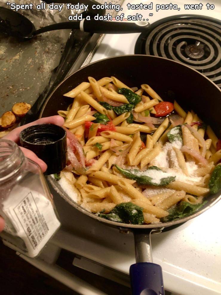 penne - "Spent all day today cooking, tasted pasta, went to add a dash of salt.