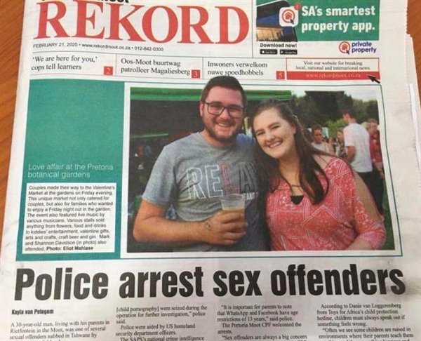 police arrest sex offenders newspaper unfortunate headline happy couple