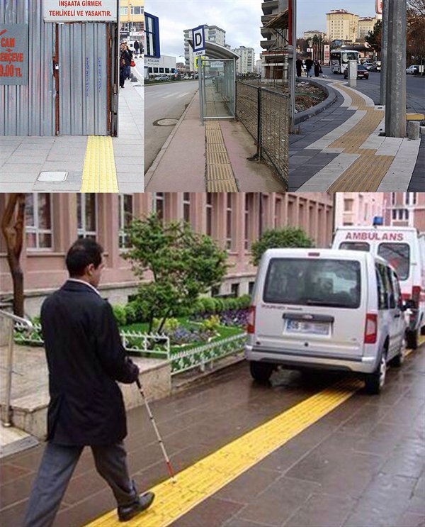 blind walking strips on public sidewalks accidentally direct blind people into obstacles
