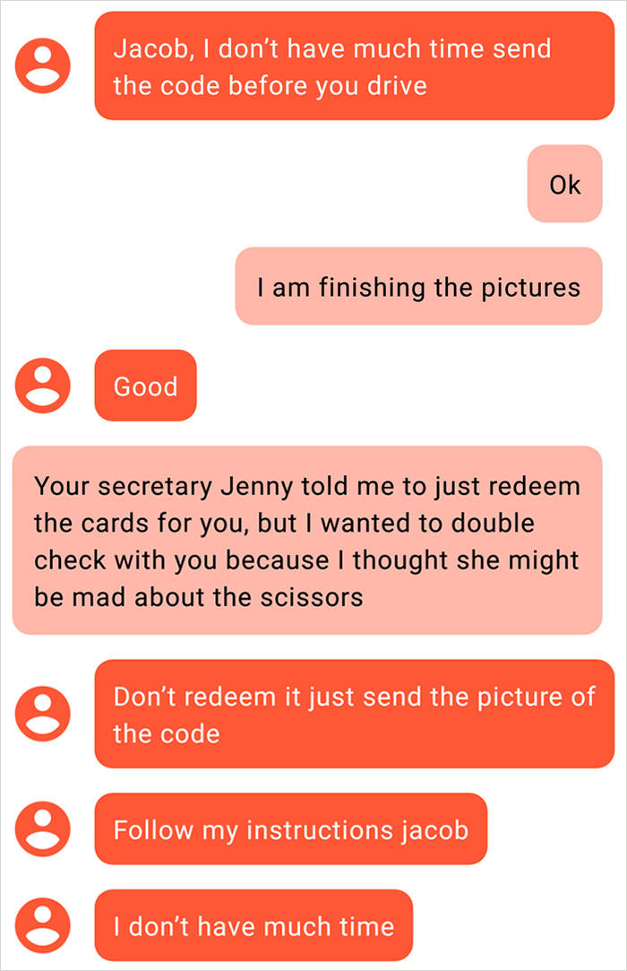 media - Jacob, I don't have much time send the code before you drive Ok I am finishing the pictures Good Your secretary Jenny told me to just redeem the cards for you, but I wanted to double check with you because I thought she might be mad about the scis