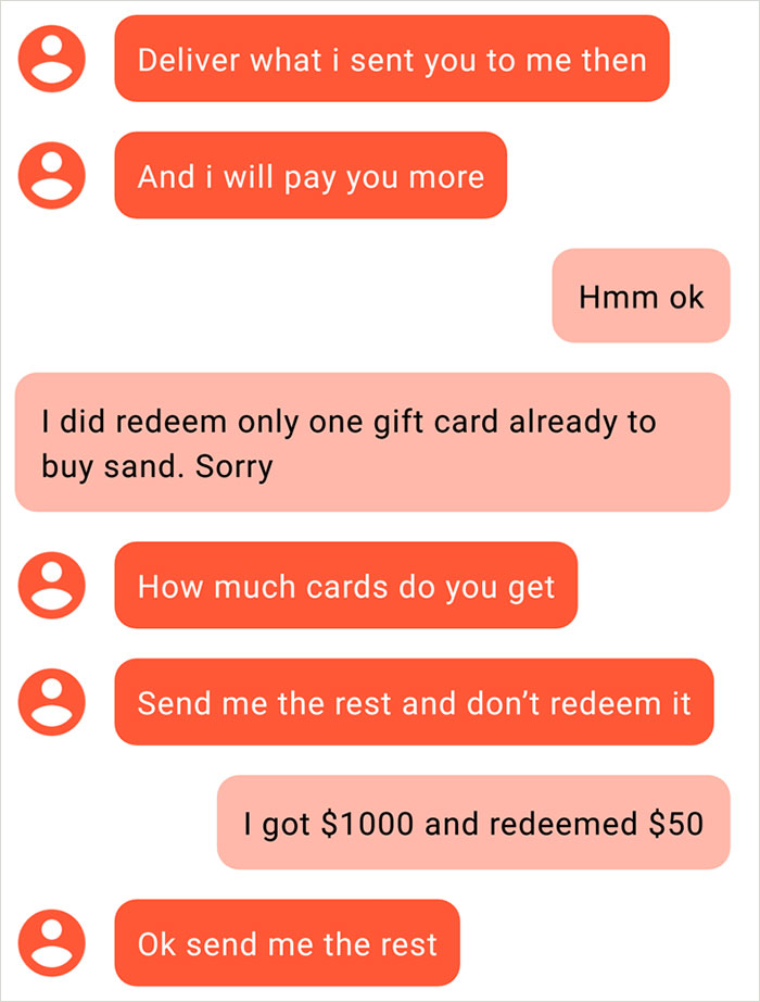 number - Deliver what i sent you to me then And i will pay you more Hmm ok I did redeem only one gift card already to buy sand. Sorry How much cards do you get Send me the rest and don't redeem it I got $1000 and redeemed $50 O Ok send me the rest