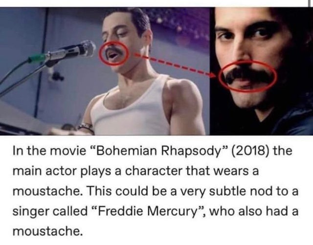 In the movie Bohemian Rhapsody 2018 the main actor plays a character that wears a moustache. This could be a very subtle nod to a singer called "Freddie Mercury", who also had a moustache.