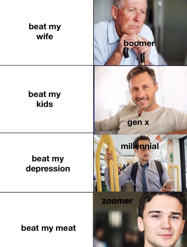 boomer chart meme - beat my wife boomer beat my kids gen x millennial beat my depression zoomer beat my meat