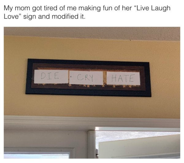 window - My mom got tired of me making fun of her "Live Laugh Love" sign and modified it. Die Cry