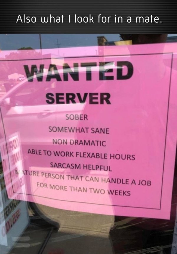 local job posting - Also what I look for in a mate. Wanted Server Sober Somewhat Sane Non Dramatic Able To Work Flexable Hours Sarcasm Helpful Mature Person That Can Handle A Job For More Than Two Weeks